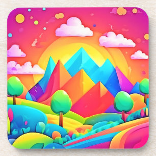 Posavasos Vibrante paisaje de dibujos animados de arcoíris