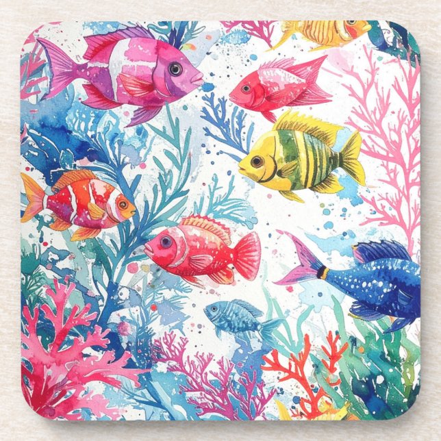 Posavasos Vibrante patrón de vida marina de acuarela de pece (Frente)