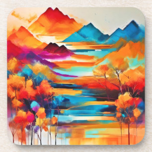 Posavasos Vibrante pintura al atardecer de montaña