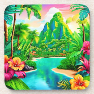 Posavasos Vibrantes olas oceánicas y arte de palmeras