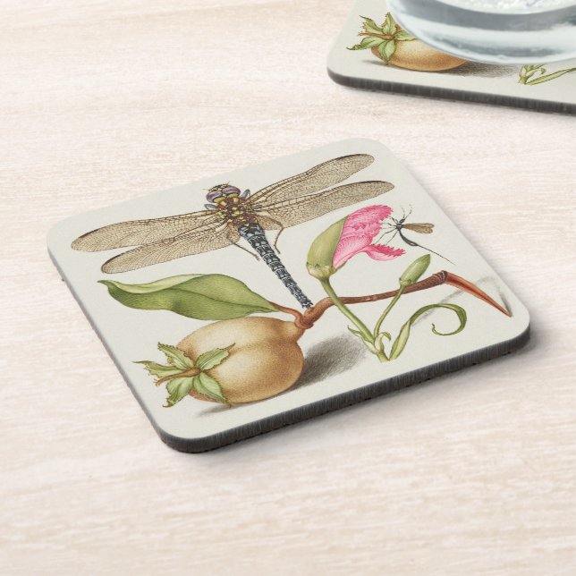 Posavasos Vida de jardín, libélula, pera, clavel e insecto (Lado Izquierdo)