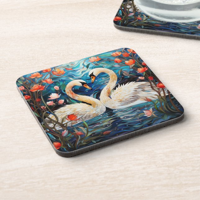 Posavasos Vidrio Manchado de Cisne Romántico Floral naranja (Lado Izquierdo)