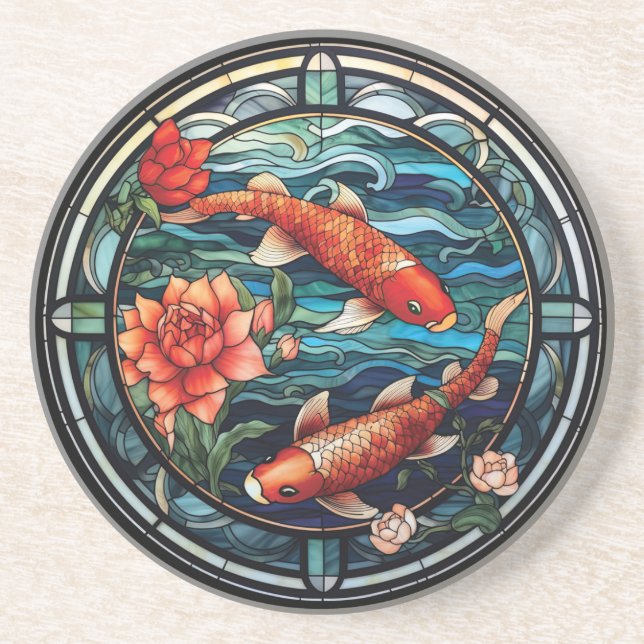 Posavasos Vidrio Manchado estilo asiático Koi Fish y Camelli (Frente)