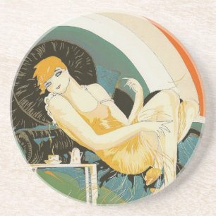 Posavasos Vintage Art Decó: Mujer recuperándose en un sofá,