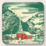 Posavasos Vintage Christmas Church, Snowscape in Winter<br><div class="desc">Navidades de ilustracion de época celebran un diseño religioso con una pintoresca capilla en un bonito pueblo de montaña. Un paisaje natural invernal con montañas,  árboles y nieve. El original es un cuadro acuático de arte rojo y verde.</div>