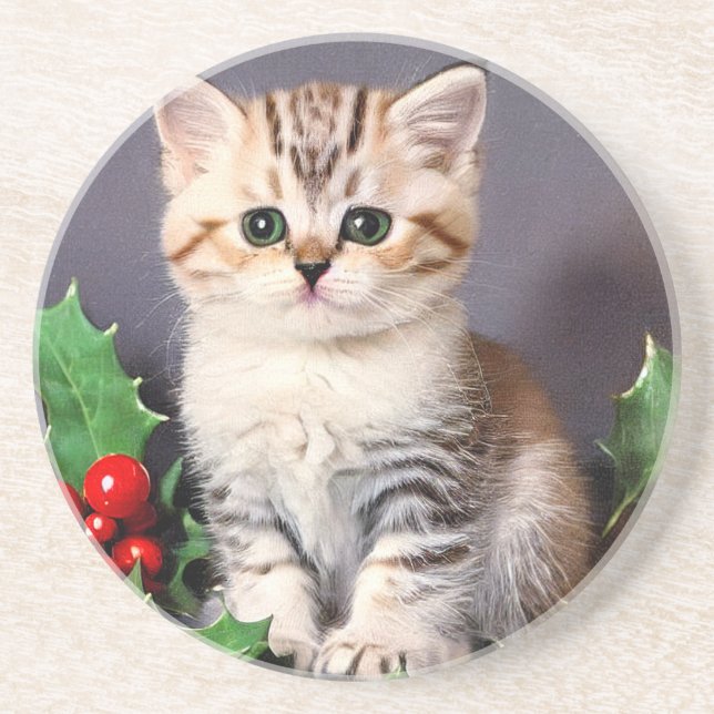 Posavasos Vintage Christmas Kitten and Holly (Frente)