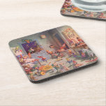 Posavasos Vintage Christmas, Santa Claus con Elves Workshop<br><div class="desc">Ilustracion de la Vintage. Imagen de feriado de Navidad con Jolly San Nicolás y sus elfos ocupados construyendo juguetes, muñecas, caballos mecedores, etc. en el taller de Santa en el Polo Norte en la Víspera de los Navidades. Santa Claus está revisando su lista traviesa o buena una vez más para...</div>