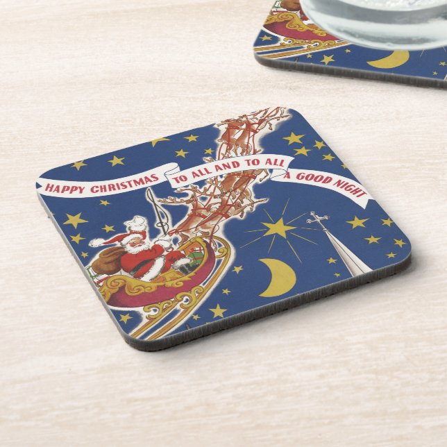 Posavasos Vintage Christmas Santa Claus With Flying Reindeer (Lado Izquierdo)