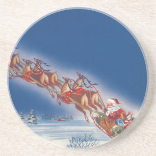 Posavasos Vintage Christmas, Santa Flying Sleigh w Reindeer