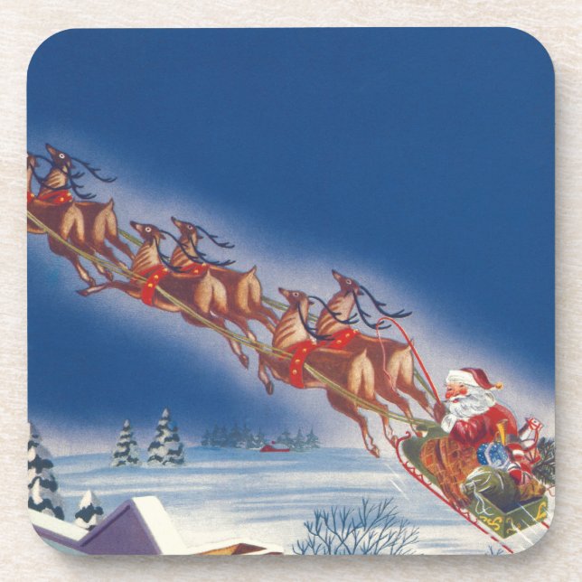 Posavasos Vintage Christmas, Santa Flying Sleigh w Reindeer (Frente)