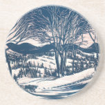 Posavasos Vintage Christmas, Winter Snow Mountain Paisaje<br><div class="desc">Ilustracion de época Victorian Era Merry diseño navideño con un paisaje nevado de invierno. Árboles y montañas cubiertas de nieve con un pueblo a lo lejos al amanecer. ¡Felices fiestas y saludos de temporada!</div>
