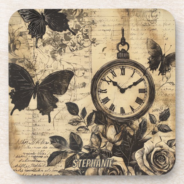 Posavasos Vintage Compass & Butterfly - Papel rústico (1) (Frente)