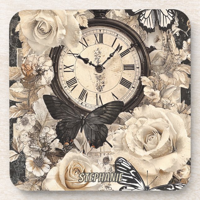Posavasos Vintage Compass & Butterfly - Papel rústico (4) (Frente)