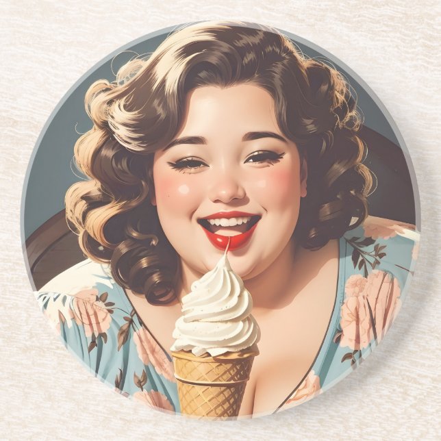 Posavasos Vintage feliz mujer comiendo helado (Frente)