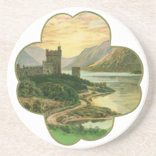 Posavasos Vintage Lucky Gold Shamrock con un castillo irland