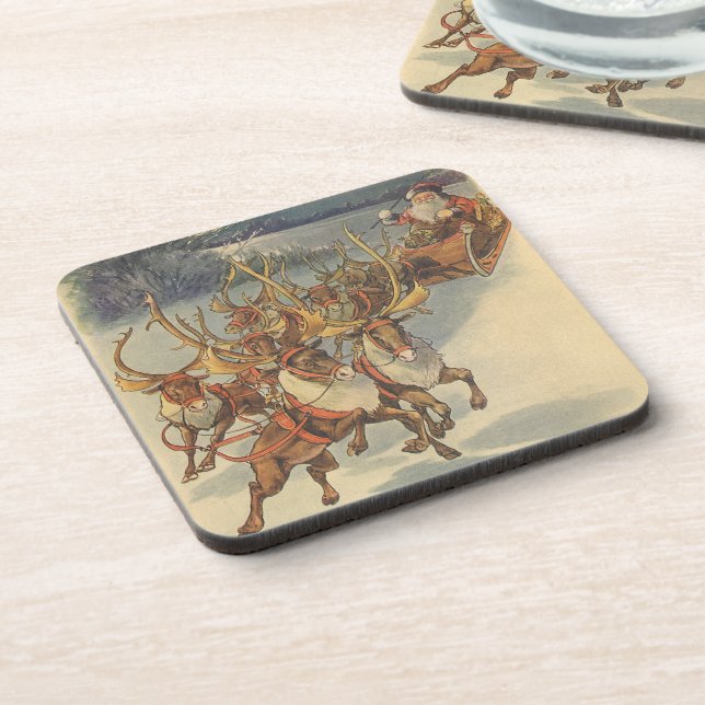 Posavasos Vintage Navidad Santa Claus Sleigh con renos (Lado Izquierdo)