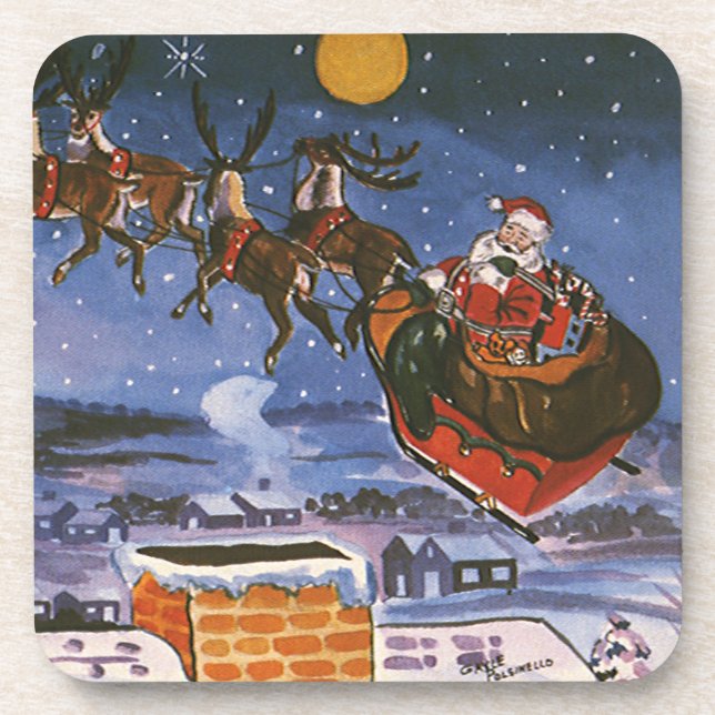 Posavasos Vintage Navidad Santa Claus volando su Sleigh (Frente)