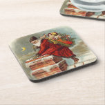 Posavasos Vintage Navidad Victoriano San Nicolás en el techo<br><div class="desc">Diseño de vacaciones de Navidades de la era victoriana de ilustracion de época,  con San Nicolás en una azotea trepando por una chimenea cubierta de nieve con un saco lleno de juguetes en la víspera de los Navidades.</div>