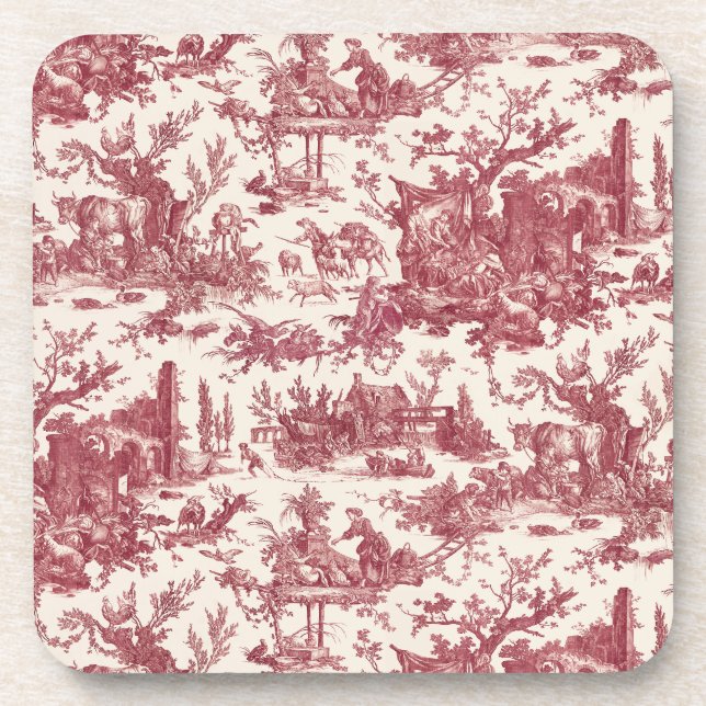 Posavasos Vintage Rustic Farm French Toile-Red & Tan (Frente)