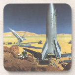 Posavasos Vintage Science Fiction Desert Planet con cohetes<br><div class="desc">Ilustracion vintage futurista en el espacio exterior y planetas ciencia ficción imagen del cohete. Un cohete de ciencia ficción de viajes y transporte retro en un planeta extranjero o una luna con astronautas explorando el terreno en este desconocido mundo extraterrestre. Un clásico de los años 50: el diseño de ciencia...</div>