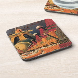 Posavasos Vintage Science Fiction Futuristic City Flying Car