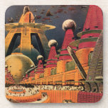 Posavasos Vintage Science Fiction Futuristic City Flying Car<br><div class="desc">Vintage illustration travel and transportation science fiction image featuring a classic comic book retro sci fi urban setting with a city of the future. The architectural buildings are shaped like cones and vehicles are flying in the sky like birds while crowds of people are moving through the metropolis.</div>