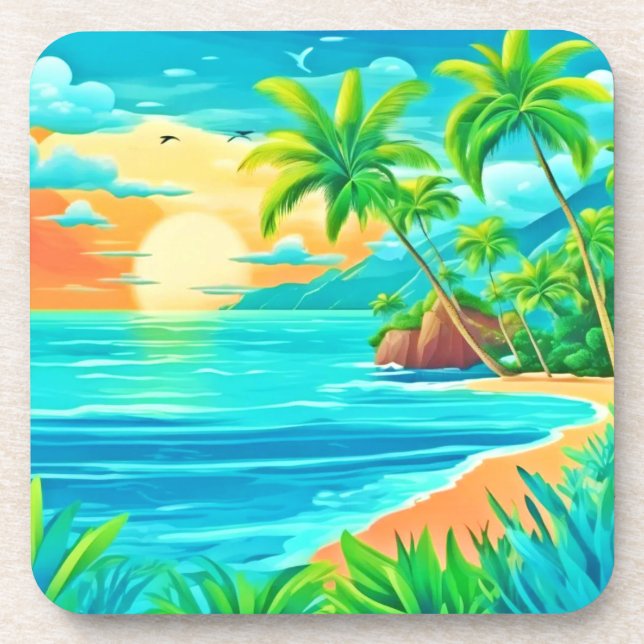 Posavasos Vista de la costa del atardecer del paraíso tropic (Frente)