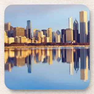 Posavasos Vista del horizonte de Chicago con la reflexión