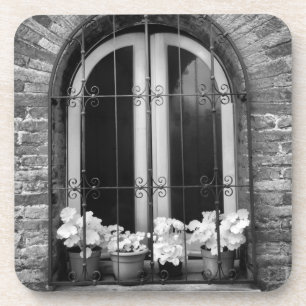 Posavasos Vista en blanco y negro de ventana y macetas