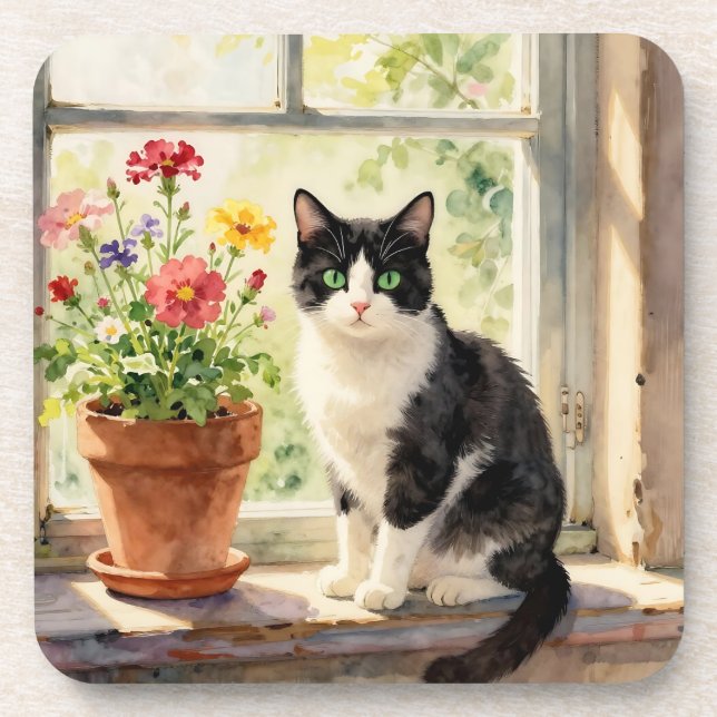 Posavasos Watercolor Cat and Flowers on Window Sill (Frente)