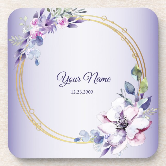 Posavasos Watercolor Floral Geometric Golden Purple Wedding (Frente)