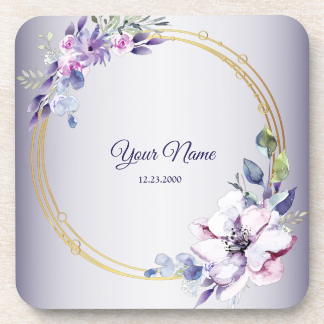 Posavasos Watercolor Floral Geometric Golden Purple Wedding (Frente)