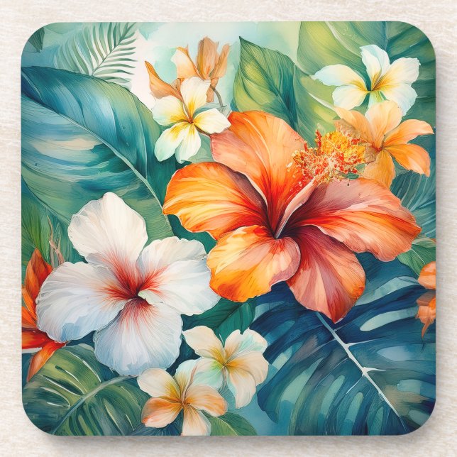 Posavasos Watercolor Jardín Hawaiano Tropical Hibiscus (Frente)