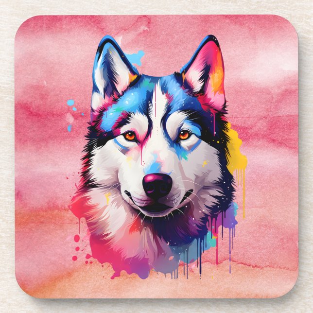 Posavasos Watercolor Siberian Husky arte colorido (Frente)