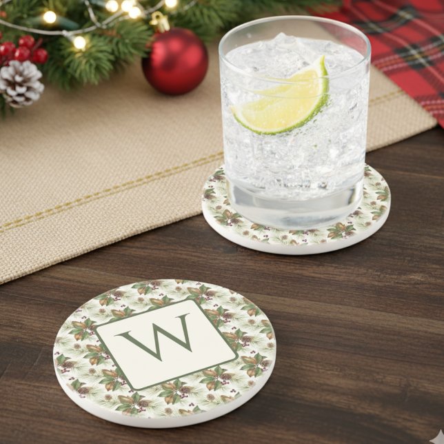Posavasos Watercolor Winter Botanical Pattern (Holiday monogram drink coaster)