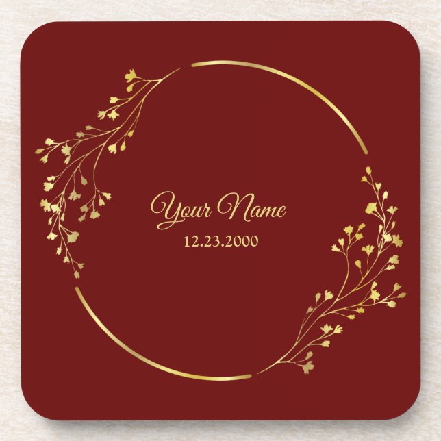 Posavasos Wedding Golden Floral Geometric Wreath Red Party (Frente)
