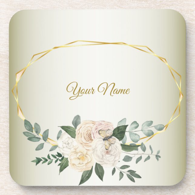 Posavasos Wedding Greenery Leaves Pink Floral Gold Geometric (Frente)