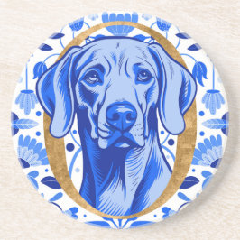 Posavasos Weimaraner asomándose a través de la letra "O" en