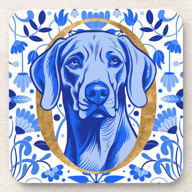 Posavasos Weimaraner peering thru the letter "O" in Gold (Frente)