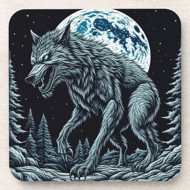 Posavasos Werewolf ventilado gruñendo en una noche de luna l (Frente)