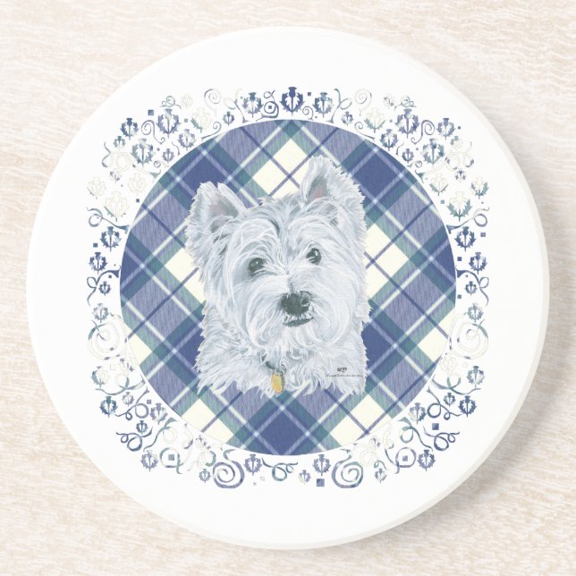 Posavasos Westie sobre Tartán (Frente)