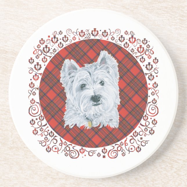 Posavasos Westie sobre Tartán (Frente)