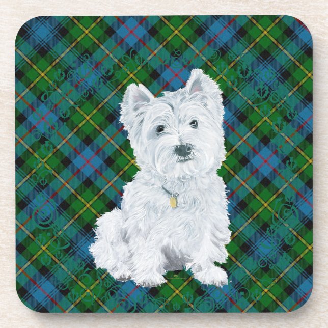 Posavasos Westie sobre Tartán (Frente)