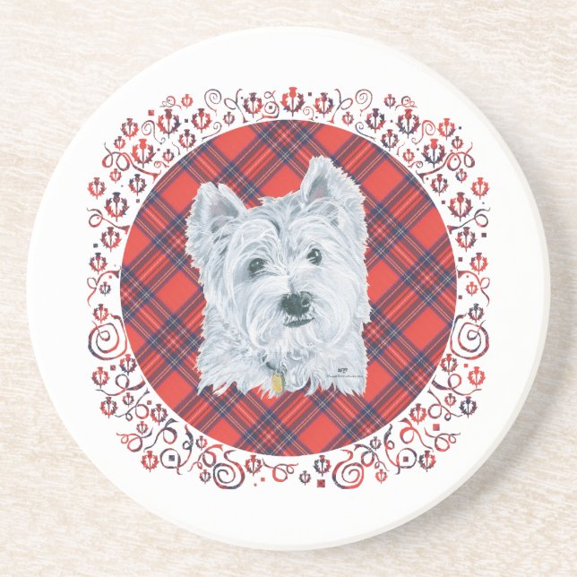 Posavasos Westie sobre Tartán (Frente)