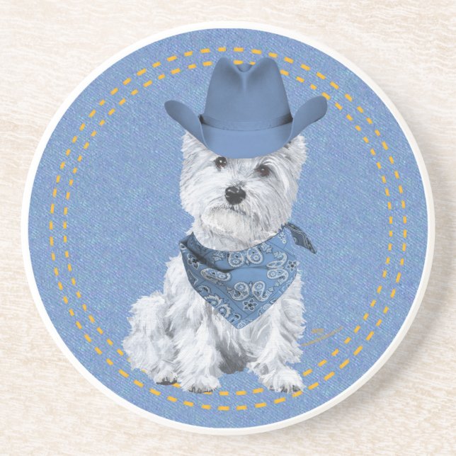 Posavasos Westie Vaquero sobre Denim (Frente)