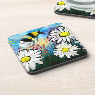 Posavasos Whimsical Bumble Bee Daisies Floral Azul Blanco