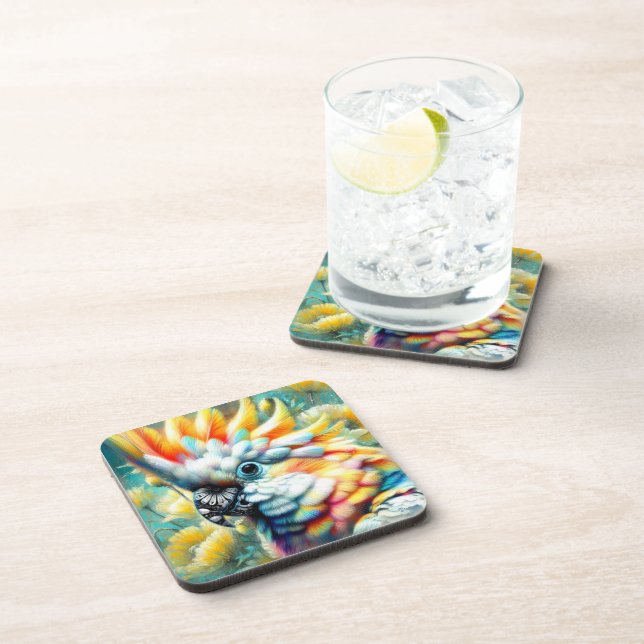 Posavasos Whimsical Cockatoo Ave Amarillo Poppies Floral (Lado Derecho)