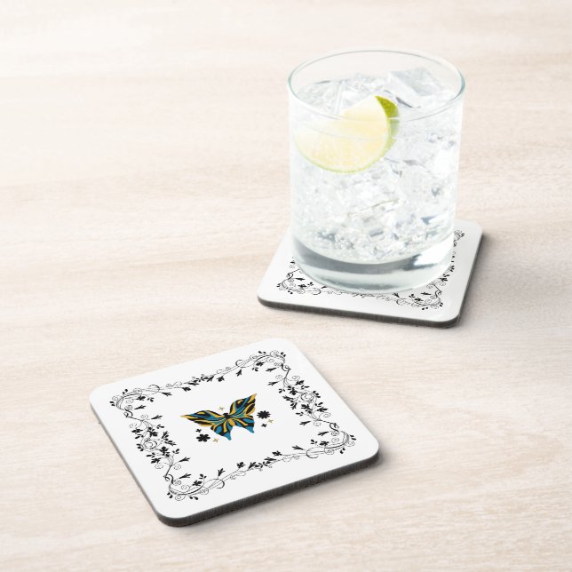 Posavasos Whimsical Fluttering – Blue Butterfly Floral Art (Lado Derecho)
