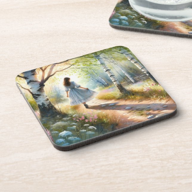 Posavasos Whimsical Girl Dancing Through Birch Forest (Lado Izquierdo)