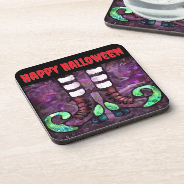 Posavasos Whimsical Halloween Witch Boots Purple Green Red (Lado Izquierdo)